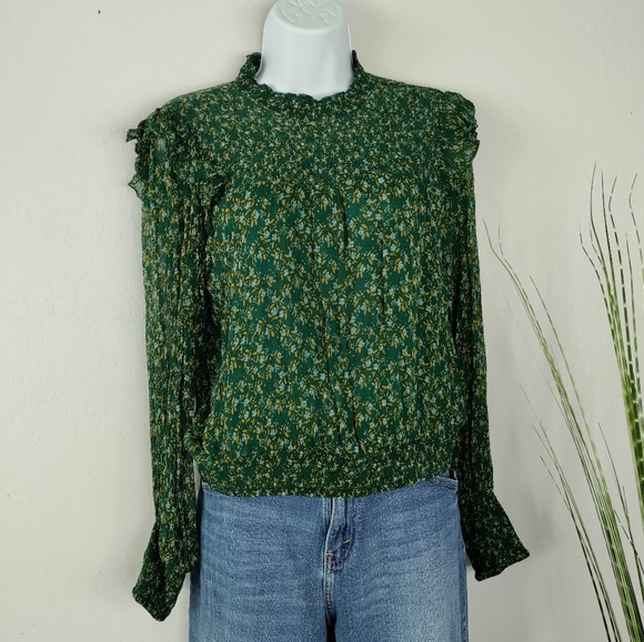 Free People Tops - Free People Roma Mockneck Long Sleeve Blouse Smocked Green Forest Combo